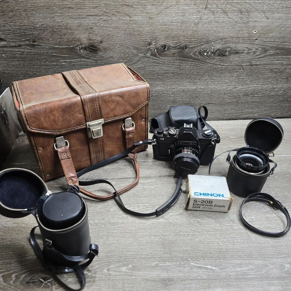 Chinon CS 35mm SLR Camera Kit w/ Lens Flash Case Extra Lens Vintage